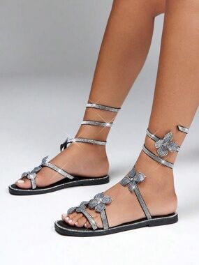 Women's Rhinestone Bow Ankle-Wrap Flat Sandals - Silver